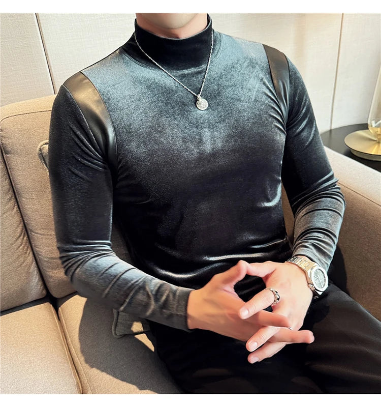 Turtleneck Stretch Slim-fit T-shirt Men Long Sleeve Thicken Elastic Velvet Retro Fashion Casual Tshirt Handsome Man T Shirts Street King Limited