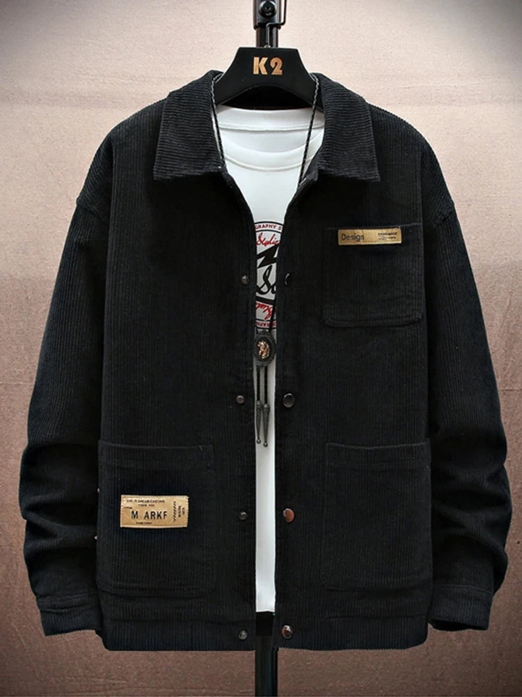 Streetwear Spring Appliques Long Sleeve Corduroy Shirts For Men Button Patchwork 2025 Spring Appliques Long Sleeve Corduroy Shirts For Men Button Patchwork Turn Down Collar Cargo Shirt Korean Fashion Jackets Fashion Sweater Jacket With Graphic Design For Men