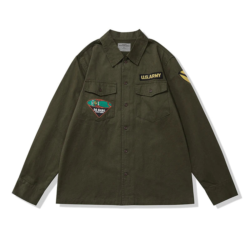 Amekaji Vintage Embroidered Long Sleeve Tooling Shirt Men Spring Autumn New Workwear Lapel Multi-pocket Cargo Shirt Cardigan Top Street King Limited
