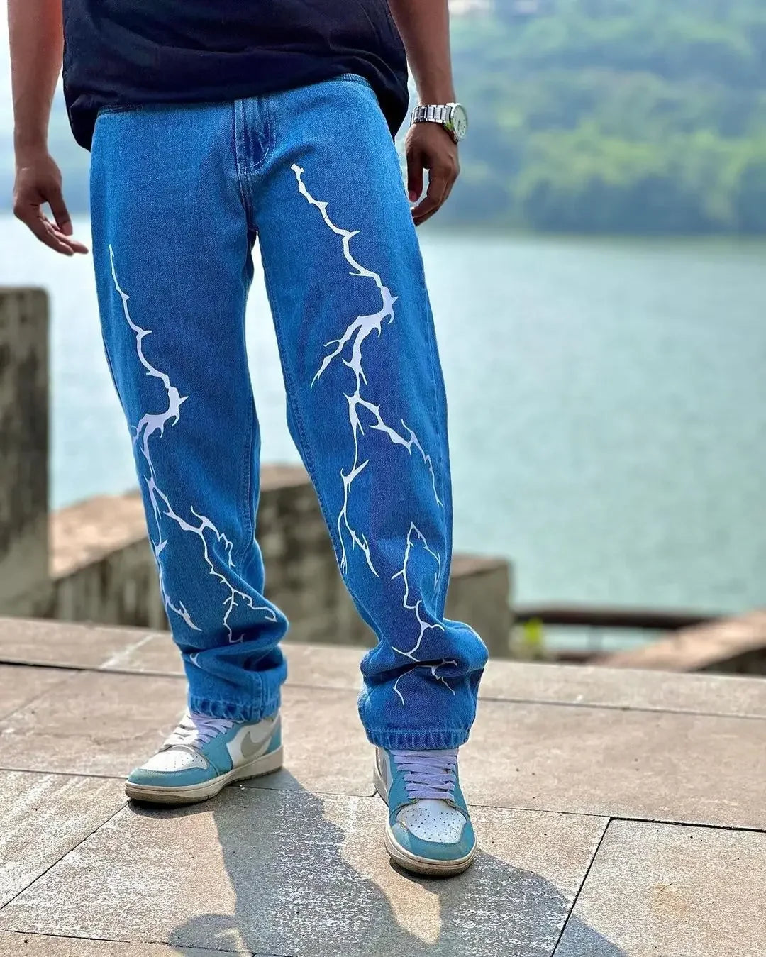 Harajuku fashion mens women’s jeans lightning graphic wide leg jean streetwear y2k denim cuples high waist pants men clothing Street King Limited