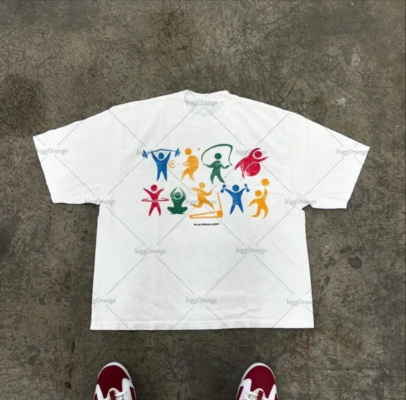 2024 Y2k Harajuku Retro Oversized Short Sleeve Men Letter Cartoon Print T-Shirt High Street Trendy Versatile Clothing Women Street King Limited