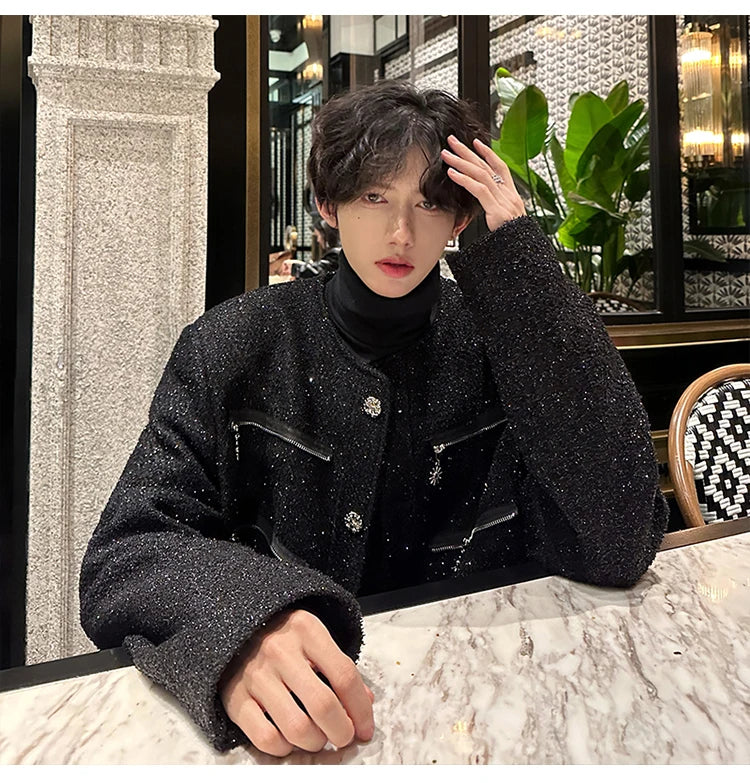 multi zipper sequin woolen jacket men french retro fashionable casual christmas jacket spring autumn coat stage show clothing unique default style 1450