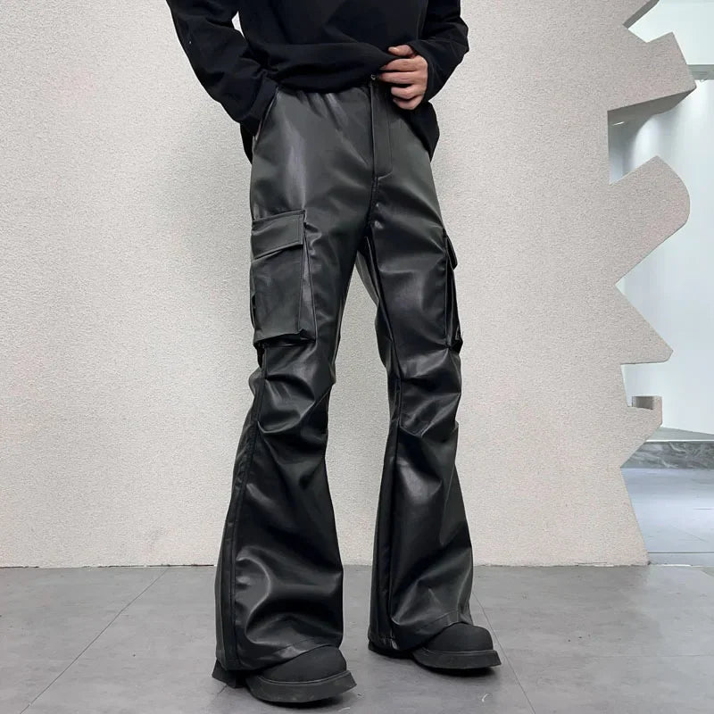pu leather pants mens streetwear fashion hip hop vibe casual faux leather cargo flared pant men motorcycle trousers combat utility trousers