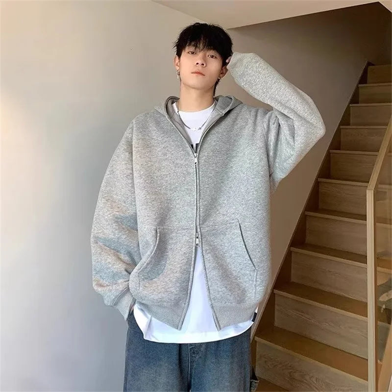 winter mens fleece zipper hooded sweatshirts 2025 new classic solid color oversized hoodies y2k streetwear outerwear tracksuit unique default style 27