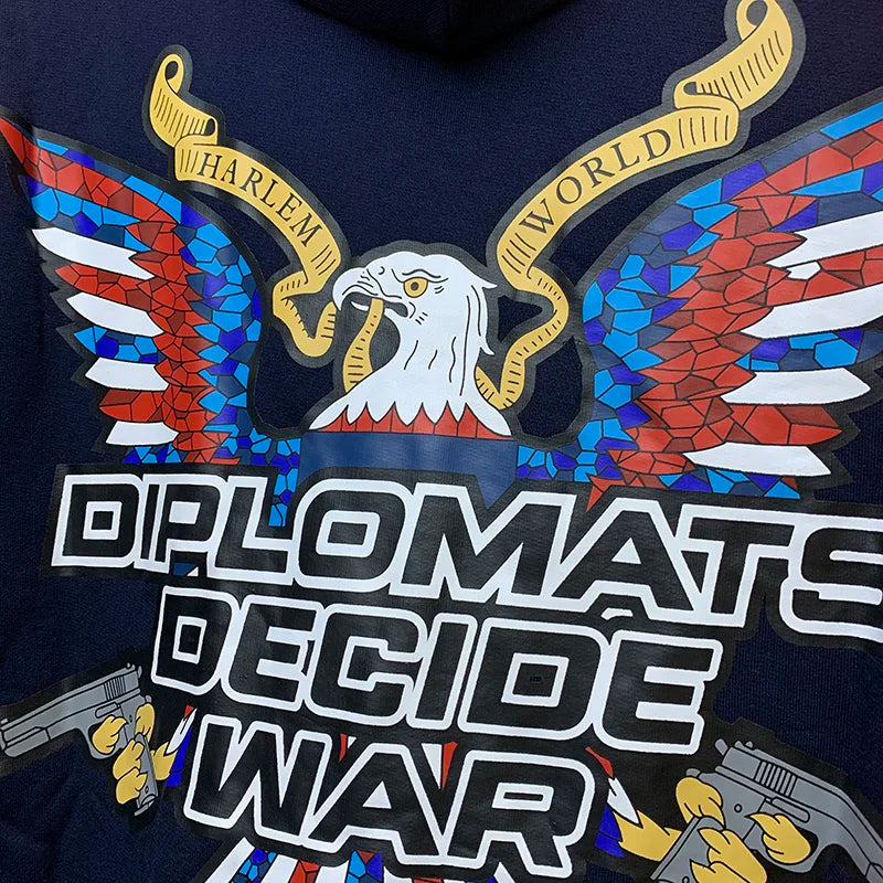 New WHO DECIDES WAR Hoodies Men Woman Deep Blue Oversized Vintage Eagle Printing Trend Hip Hop Hooded Hoodies Street King Limited