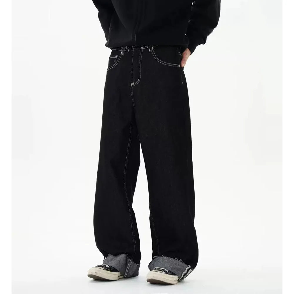 men women streetwear fashion loose casual wide leg straight black denim jeans pant boyfriend y2k baggy jeans trousers urban skinny jeans