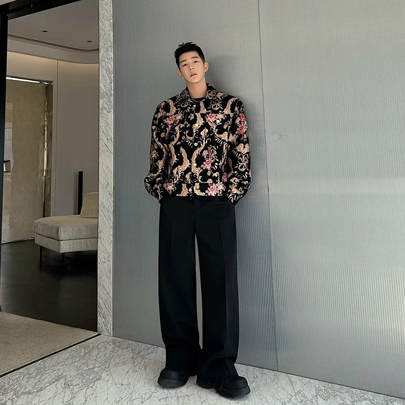 men palace style retro jacquard flower fashion show loose jacket man party dress vintage coat costumes spring autumn clothes minimalist street pants