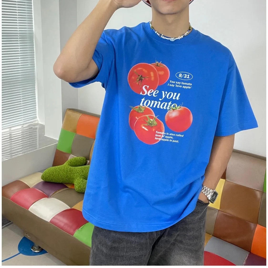 Tomato print pure cotton short-sleeved T-shirt, fun and cute men and women niche fashion brand Korean style college style top Street King Limited