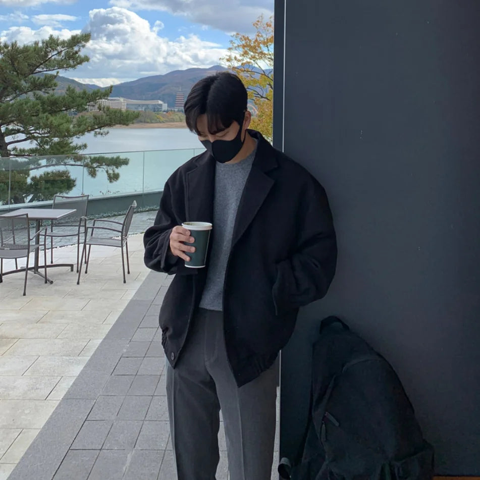 2024 loose casual mens solid color jacket fashion daily commuting windproof short woolen coat thickened warm casual urban shorts