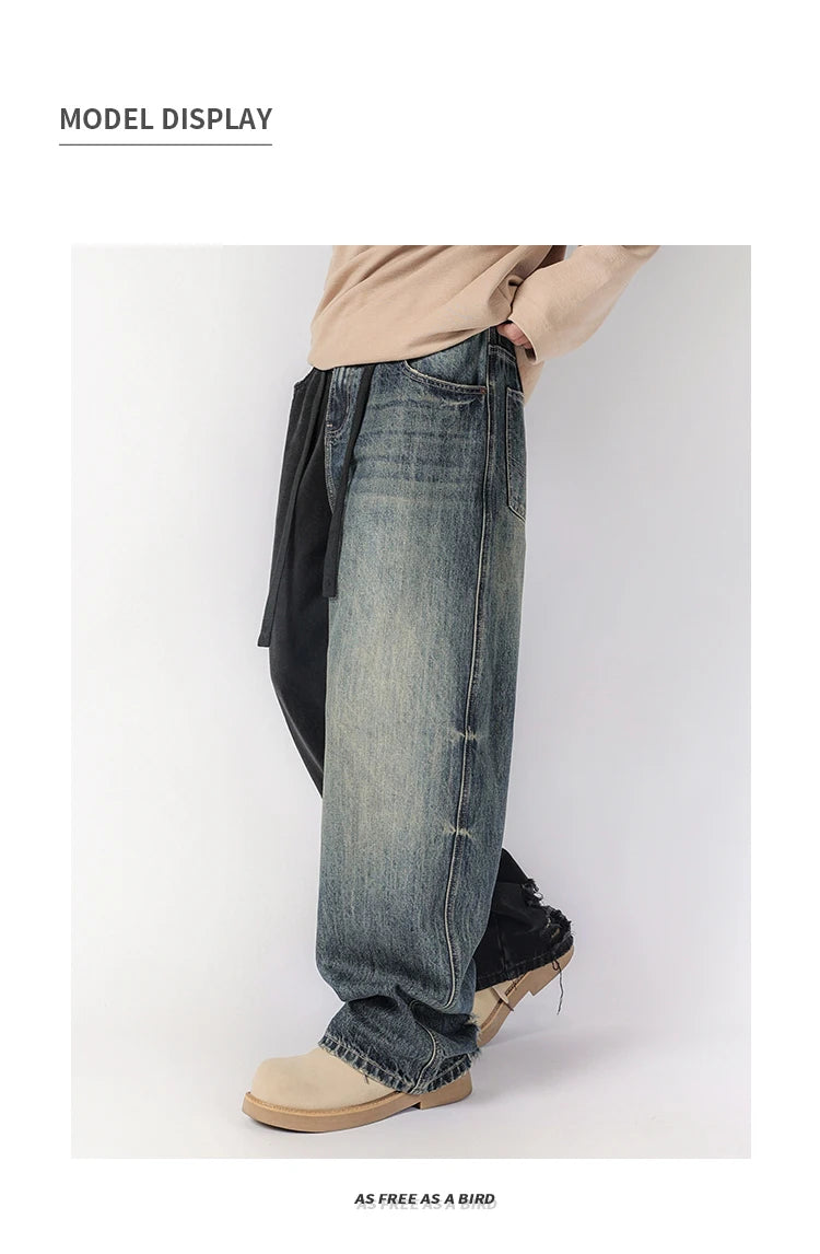 men streetwear fashion black blue splice hip hop loose casual wide leg straight baggy jeans pant cityboy jeans pants trousers unique jeans style 2523