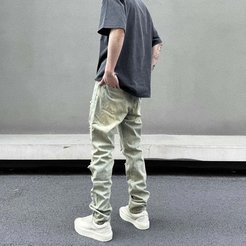 retro washed skinny jeans men pant destroyed ripped holes slim biker zipper jeans trousers fashion streetwear hip hop joggers casual joggers