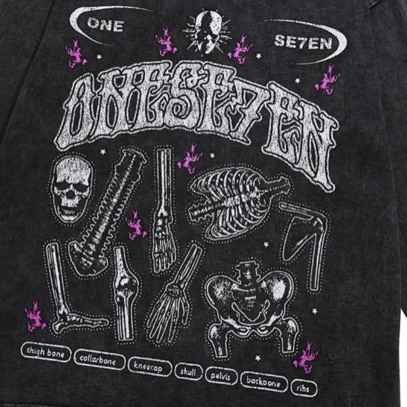 Fashion Distressed Washed T-shirt Harajuku Skull Skeleton Printed Unisex Hip Hop Tees Y2K Loose Mens Casual Cotton Tops T-shirts Street King Limited