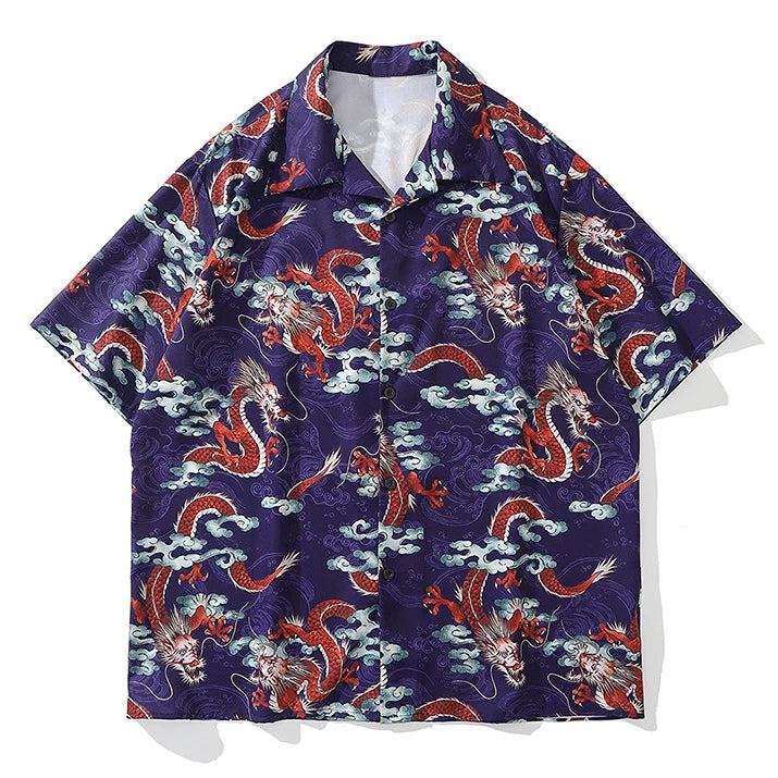 Men Dragon Print Chinese Style Shirt Casual Short Sleeve Hawaiian New Summer Shirts Hip Hop Streetwear Loose Top Harajuku Shirts Street King Limited