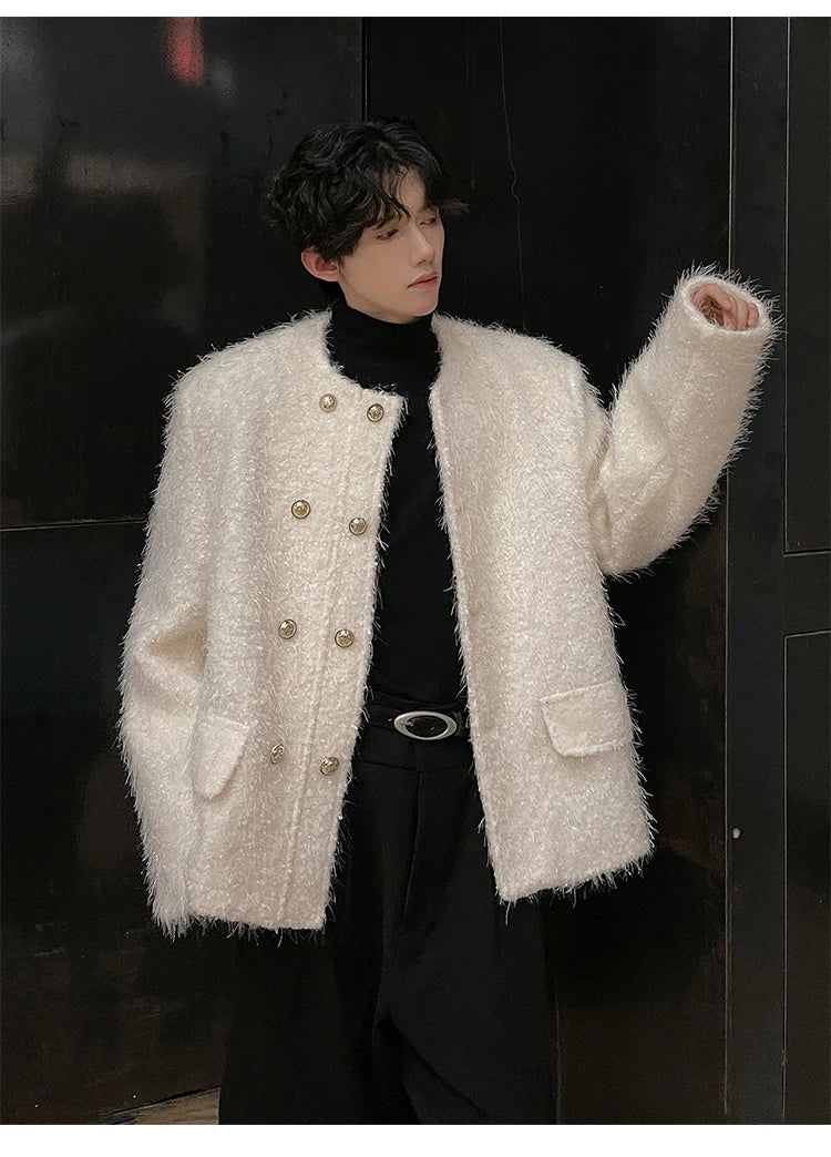 men double breasted french streetwear retro fashion loose casual tassels woolen short jacket man korean coat outerwear unique shorts style 1271