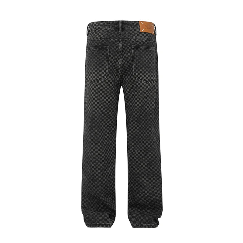 men streetwear fashion hip hop loose casual print black plaid denim pant jeans man vibe straight cowboy baggy jeans trousers unique jeans style 1454