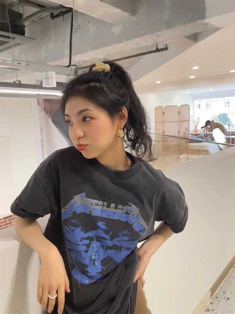 Summer Vintage High Street Wash Lightning Print T-shirt Vintage Heavy Metal Rock Band Short Sleeve Japanese Street Pure Cotton Street King Limited