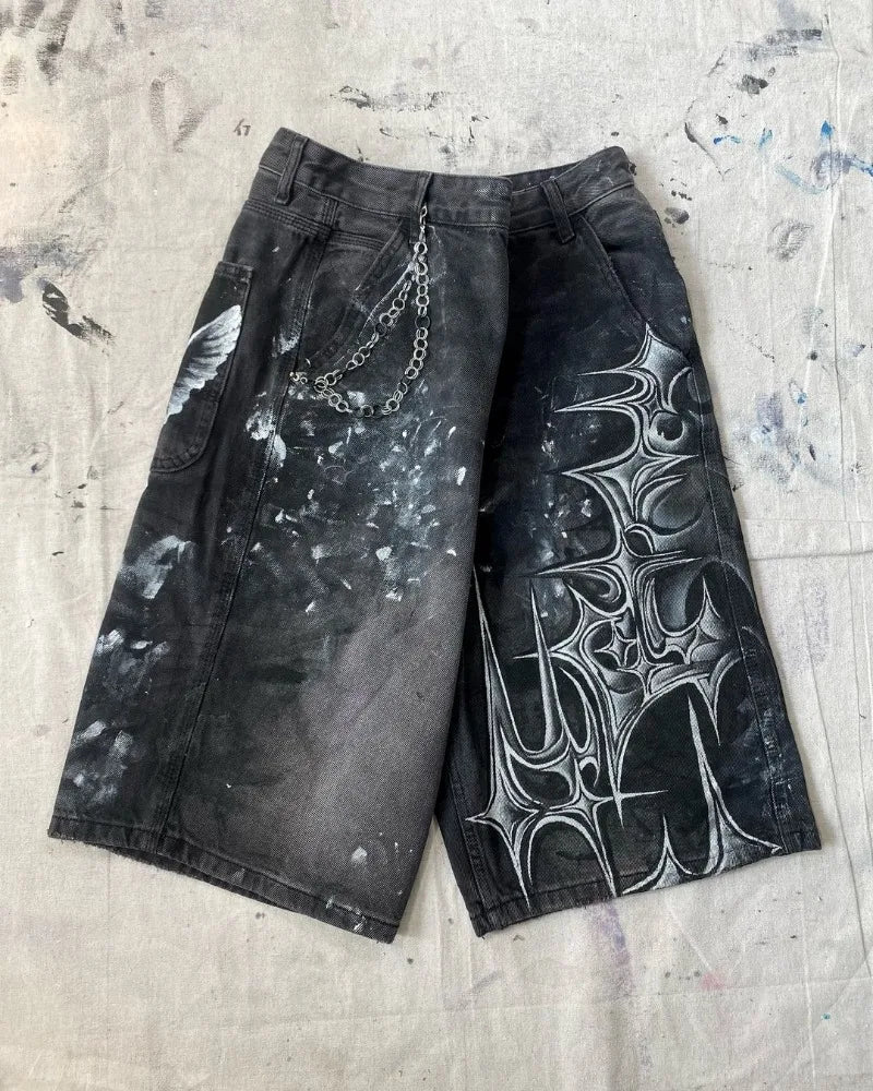 y2k american street retro graffiti anime print oversized denim shorts men shorts high waist fashion loose casual wide leg pants unique jeans style 3369