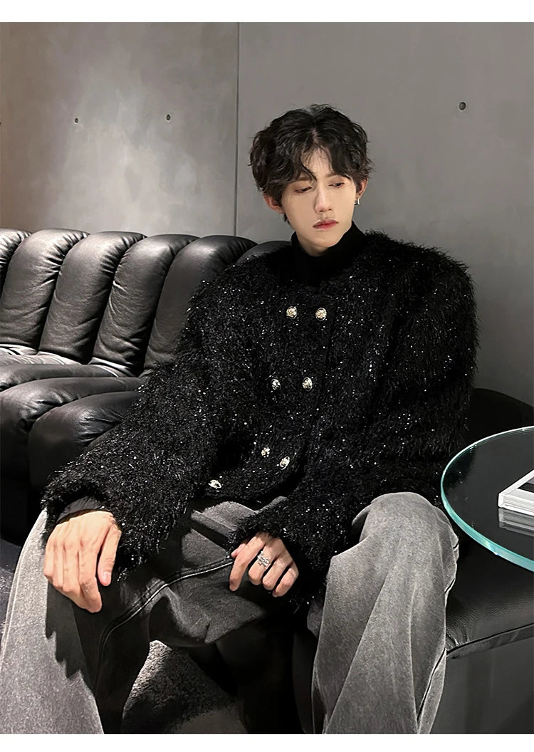 men double breasted french streetwear retro fashion loose casual tassels woolen short jacket man korean coat outerwear unique shorts style 1285
