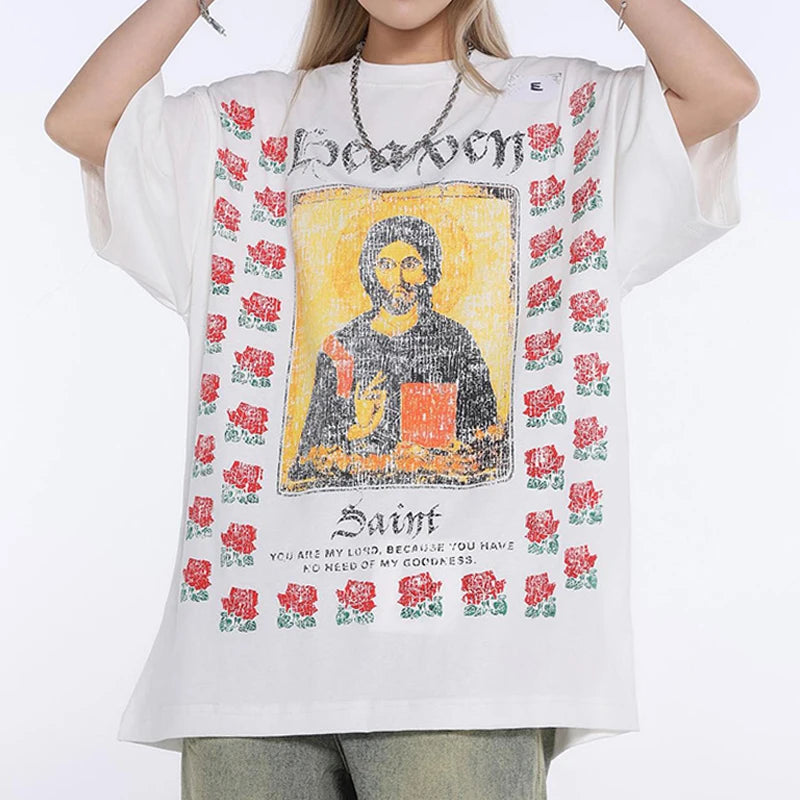 SAINT T-shirts Men Woman New Rose Portrait Printing O-Neck Short Sleeve Summer Loose Lovers Top Tees Street King Limited