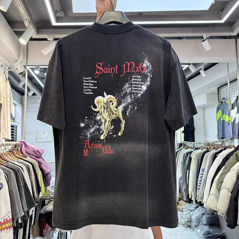 Cartoon Anime Pattern Printing Vintage Make Old T Shirt Men Woman Loose Chaopai Streetwear Short Sleeve Top Tees Street King Limited