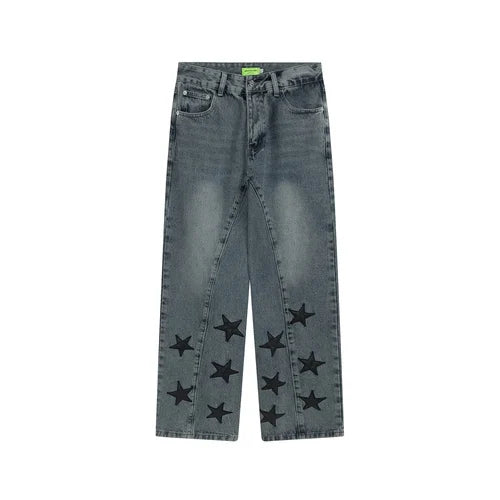 mens high street stars embroidery denim jean pants casual loose straight jeans hip hop y2k unisex pants streetwear joggers unique joggers style 2913
