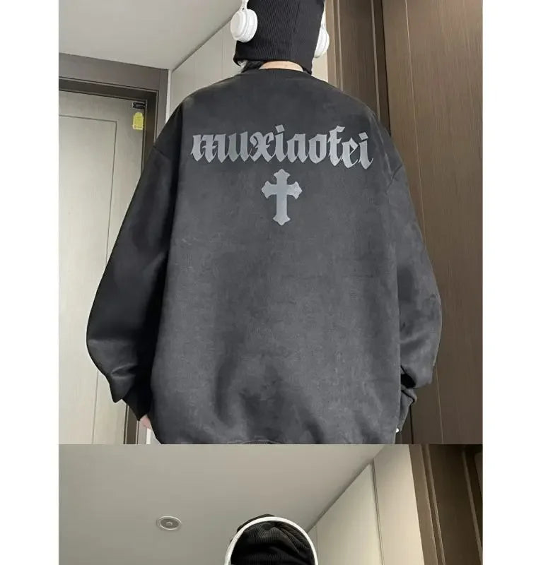 New suede sweatshirt for men in autumn new American high street handsome long sleeved couple tops printed round neck jacket y2k Street King Limited