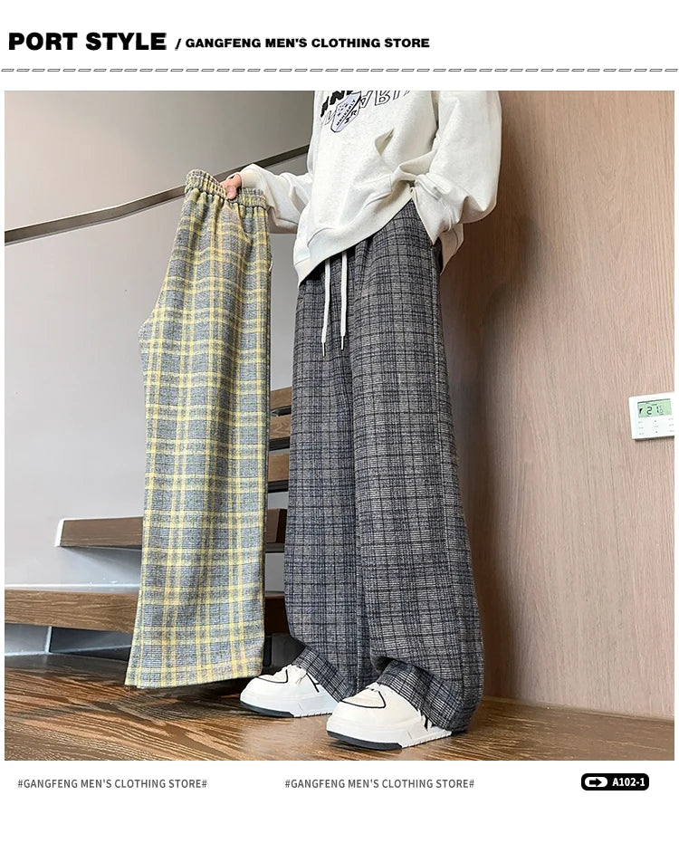 mens plaid pants baggy winter trendy fleece loose straight wide leg mopping trousers unisex thick velvet warm long pants minimalist street pants