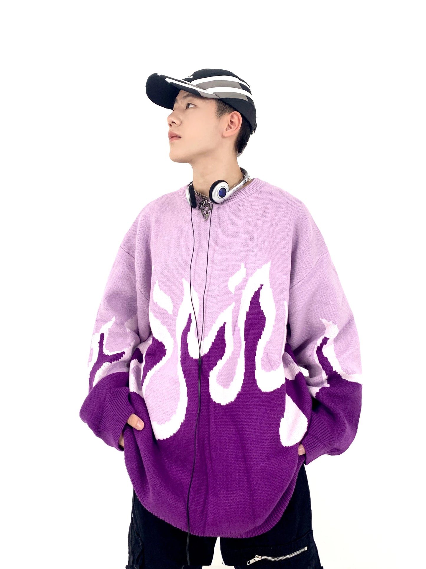 Hip Hop Fire Knitted Oversized Sweater Men Autumn Winter O-neck Long Sleeve Pullover Streetwear New Loose Tops Sweaters Clothing Street King Limited