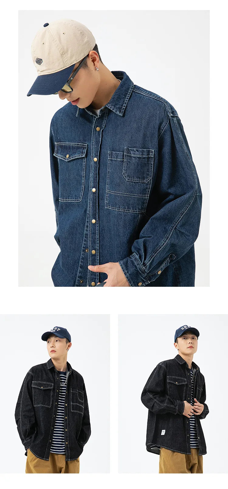 Vintage Men's Spring And Autumn New Washed Distressed Denim Shirt Jacket Loose Casual Long-Sleeved Coat Jacket Street King Limited
