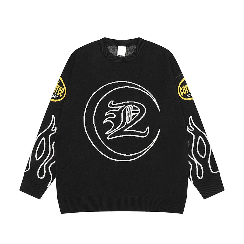 Hip Hop Knitted Sweater Men Letter Fire Pattern O-neck Pullover Streetwear Casual Loose Sweater Unisex Harajuku Jumpers Knitwear Street King Limited