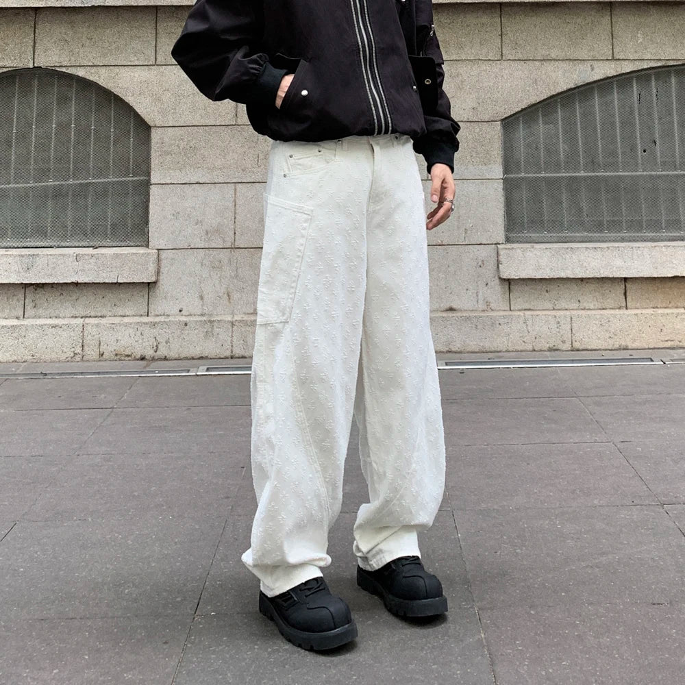 men brand fashion wash jacquard denim splice pocket loose casual wide leg baggy jeans cityboy cargo jeans pants trousers unique cargo style 2446