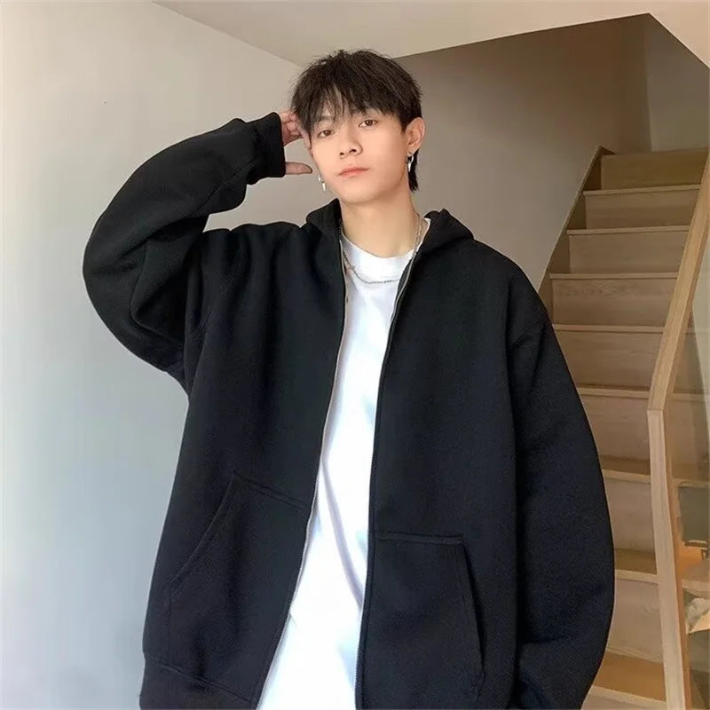 winter mens fleece zipper hooded sweatshirts 2025 new classic solid color oversized hoodies y2k streetwear outerwear tracksuit unique default style 30