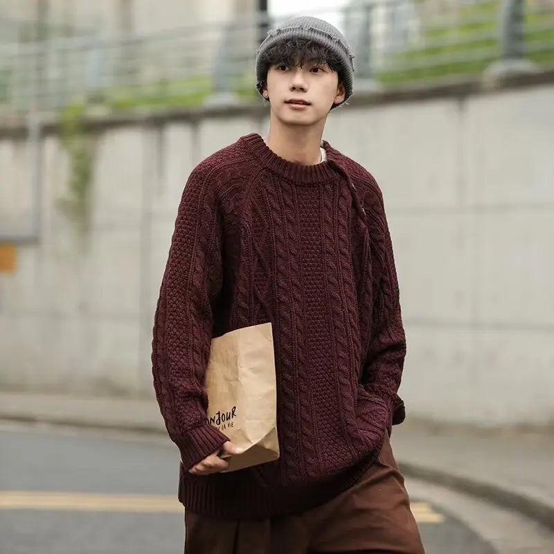 Thicken Japanese Retro Sweater Mens 2024 New College Couples Casual Warm Round Neck Pullover Red Simplicity Knitted Jacket Street King Limited