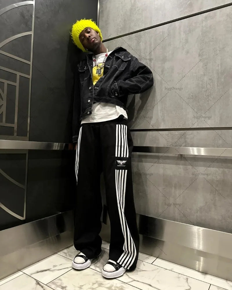 Trendy Brand American Retro Classic Striped Loose Sweatpants Hip-hop Streetwear Y2K Harajuku High-waisted Wide-leg Casual Pants Street King Limited