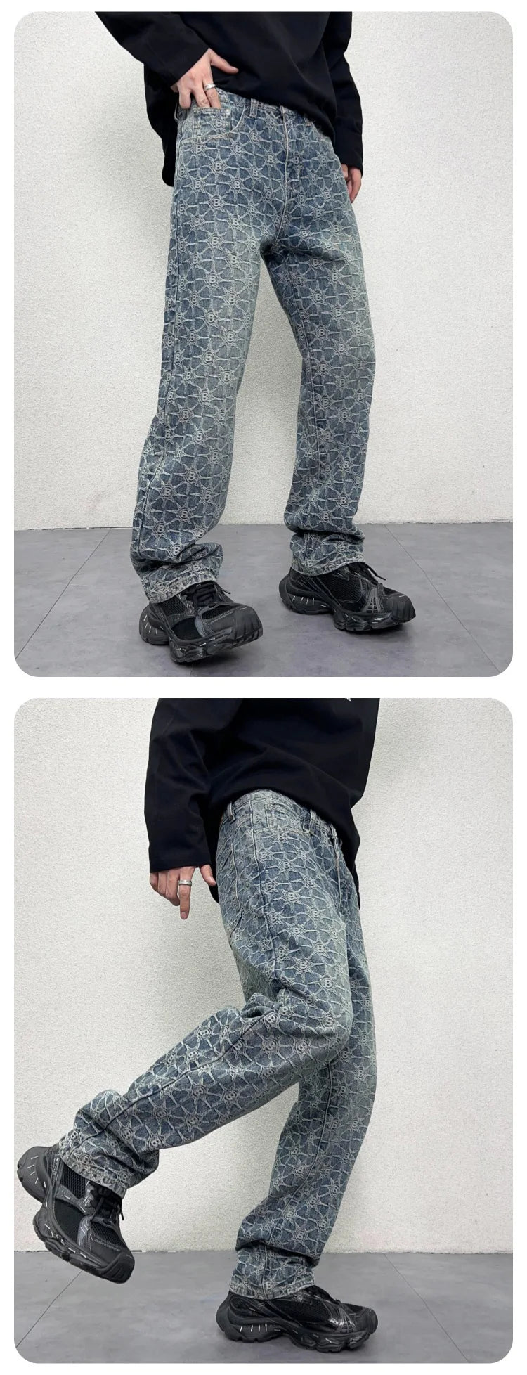 men jacquard streetwear hip hop vibe casual straight denim jeans pants boyfriend high street ripped jeans trousers unique jeans style 3023