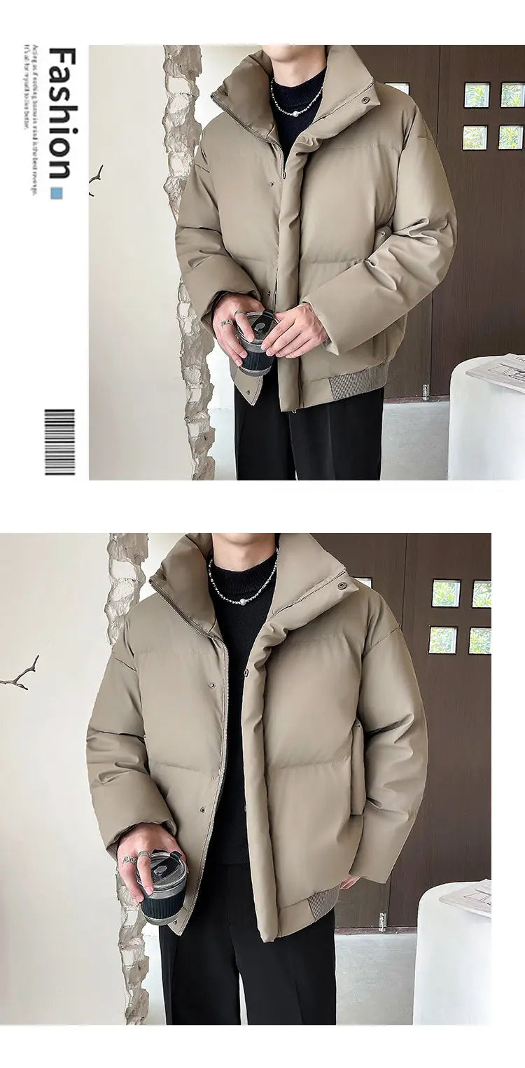 Winter Stand Collar Thicken Leather Short Jacket Men Fashion Loose Casual Warm Cotton-padded PU Leather Bomber Jacket Parka Coat Street King Limited