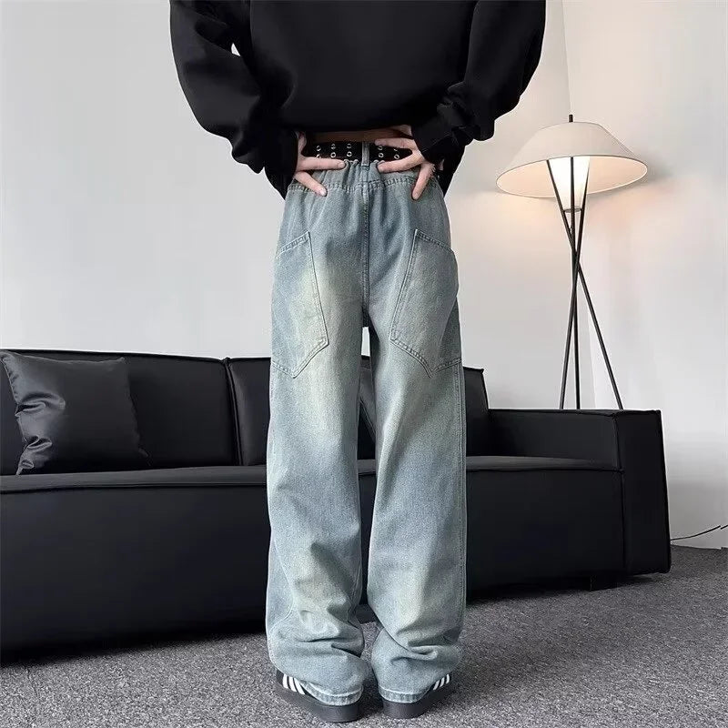 new vintage men s patchwork baggy jeans draped straight leg denim trousers autumn korean fashion high street casual y2k jean vintage washed jeans