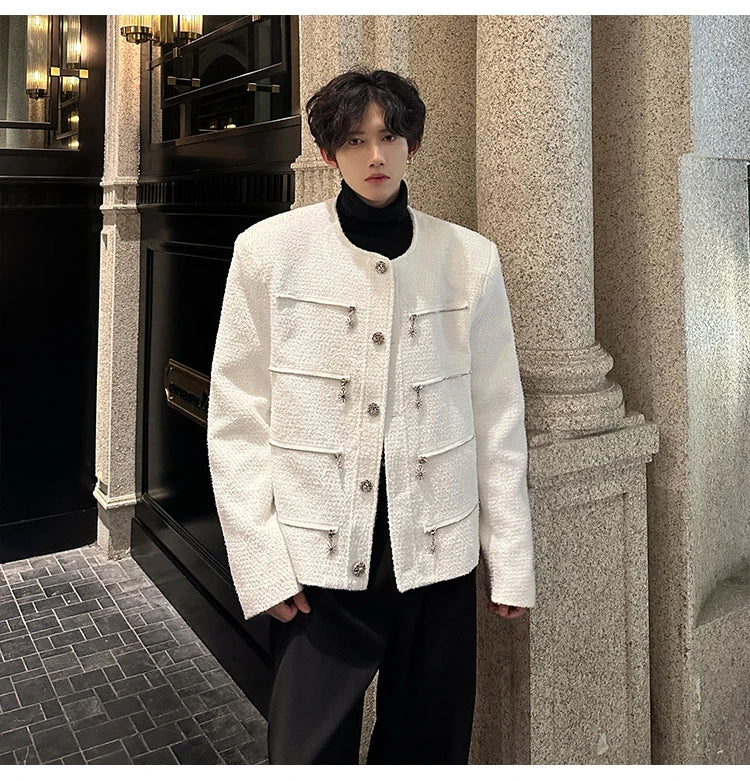 multi zipper sequin woolen jacket men french retro fashionable casual christmas jacket spring autumn coat stage show clothing unique default style 1459