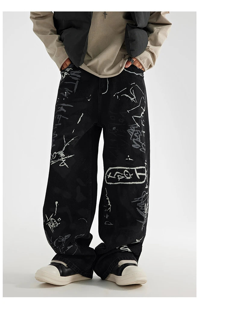 fashion graffiti printed denim jeans men unisex casual zipper wide legs straight jeans streetwear hip hop baggy pants joggers unique joggers style 4071