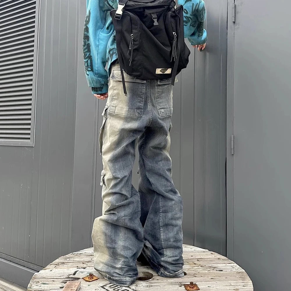 RO Style Gradient Ribbons Multi-pockets Drawstring Jeans for Men Harajuku Streetwear Baggy Y2K Denim Trousers Oversized Cargos Street King Limited