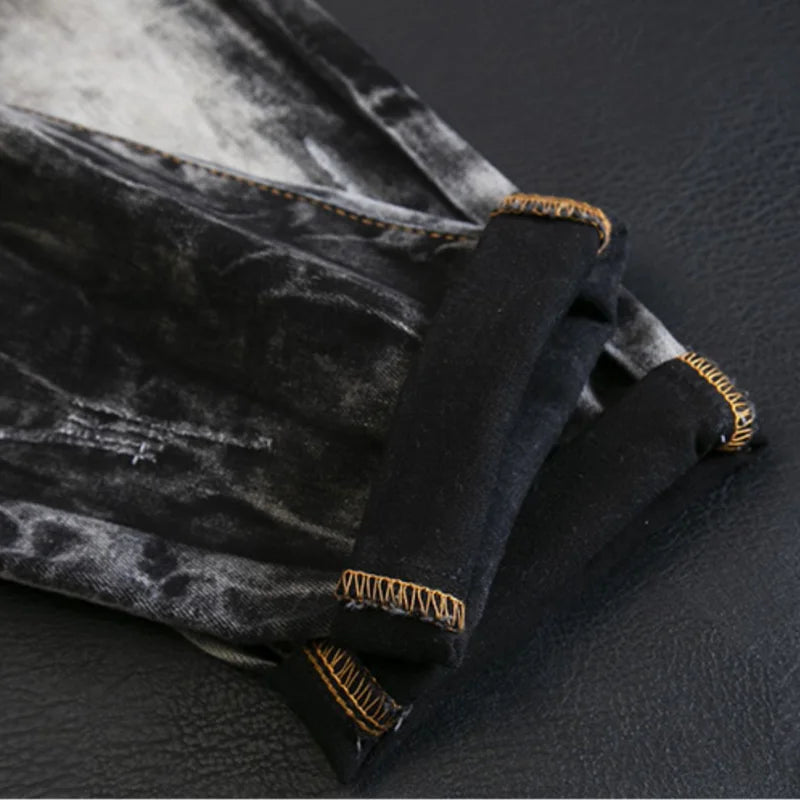 fashion distressed washed ripped destroied denim jean pants mens zipper skinny biker jeans hip hop streetwear slim pants joggers unique joggers style 184