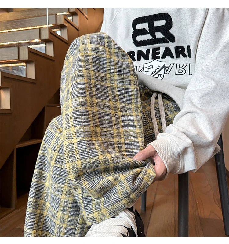 mens plaid pants baggy winter trendy fleece loose straight wide leg mopping trousers unisex thick velvet warm long pants unique default style 1108