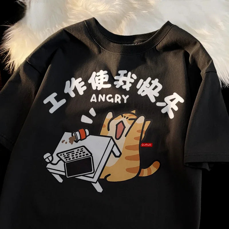 Trendy Street Trend Cat Print Men and Women Vintage Personalized Graphic T-shirt Academy Style Loose Round Neck Short Sleeve Street King Limited