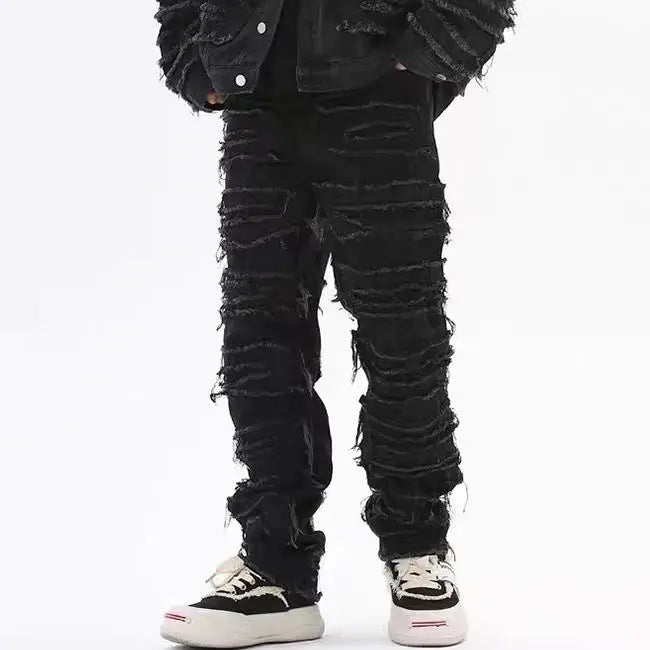 tassel hole spliced european and american straight leg denim pants new popular patch jeans mens wear unique jeans style 313