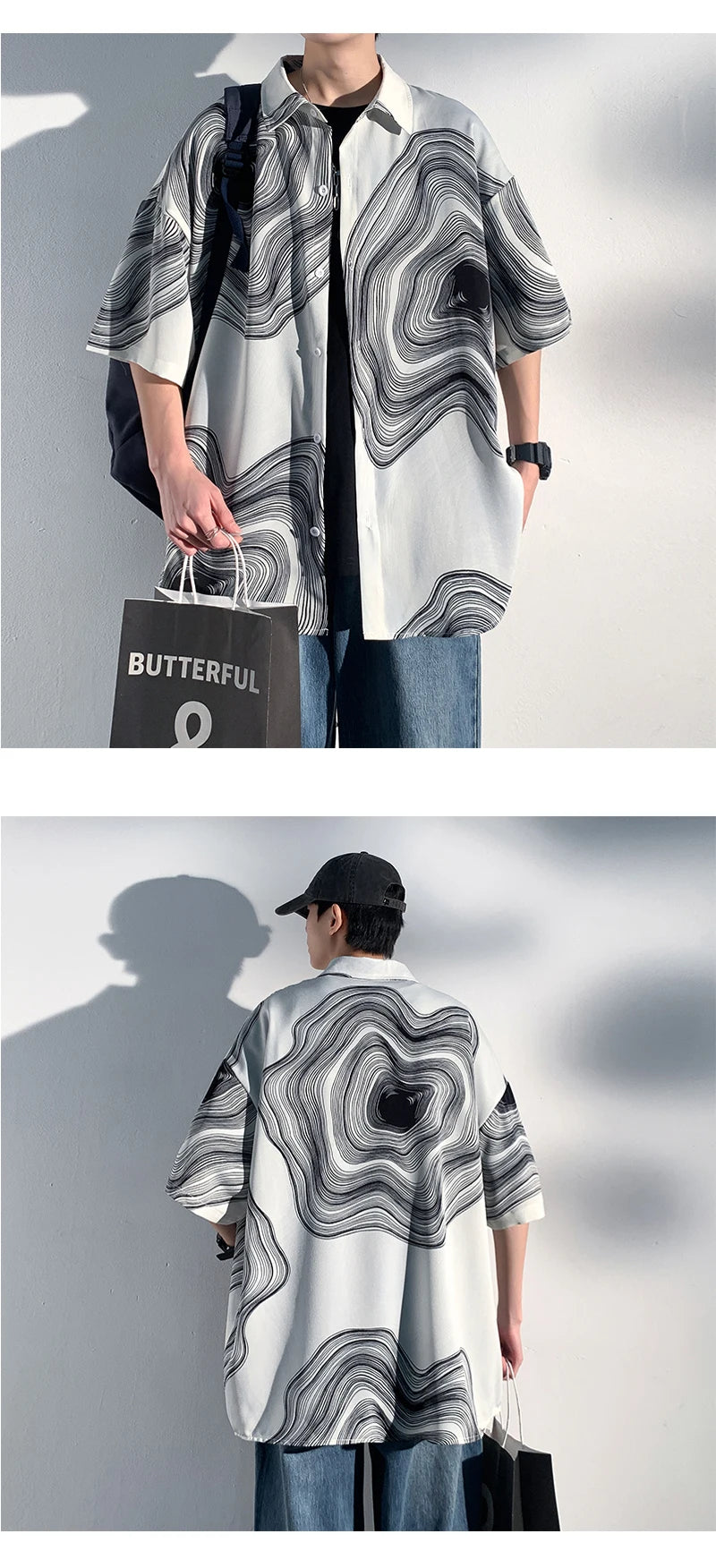Summer Short Sleeve Shirt Men Fashion Retro Print Shirt Men Loose Black White Ice Silk Shirts Mens Hawaiian Shirt Large Size Street King Limited