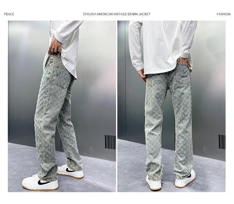 Men Wide Leg Denim Pants High Street American Retro Jacquard Loose Straight Jeans Y2K Fashion Streetwear Baggy Trousers Street King Limited