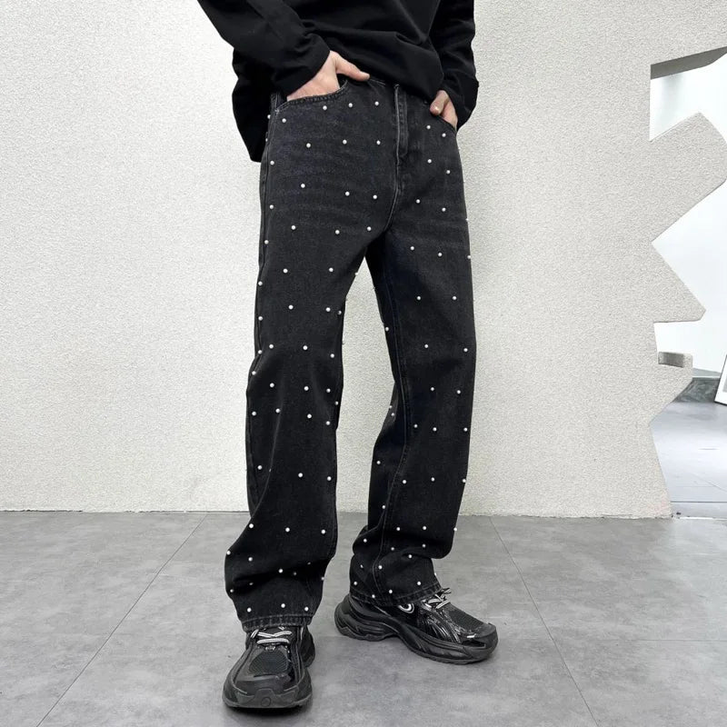 men bead streetwear fashion hip hop vibe loose casual wide leg straight denim jeans baggy pant man boyfriend jeans trousers unique jeans style 2876