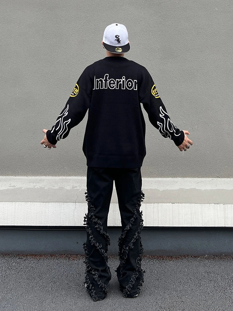 Hip Hop Knitted Sweater Men Letter Fire Pattern O-neck Pullover Streetwear Casual Loose Sweater Unisex Harajuku Jumpers Knitwear Street King Limited