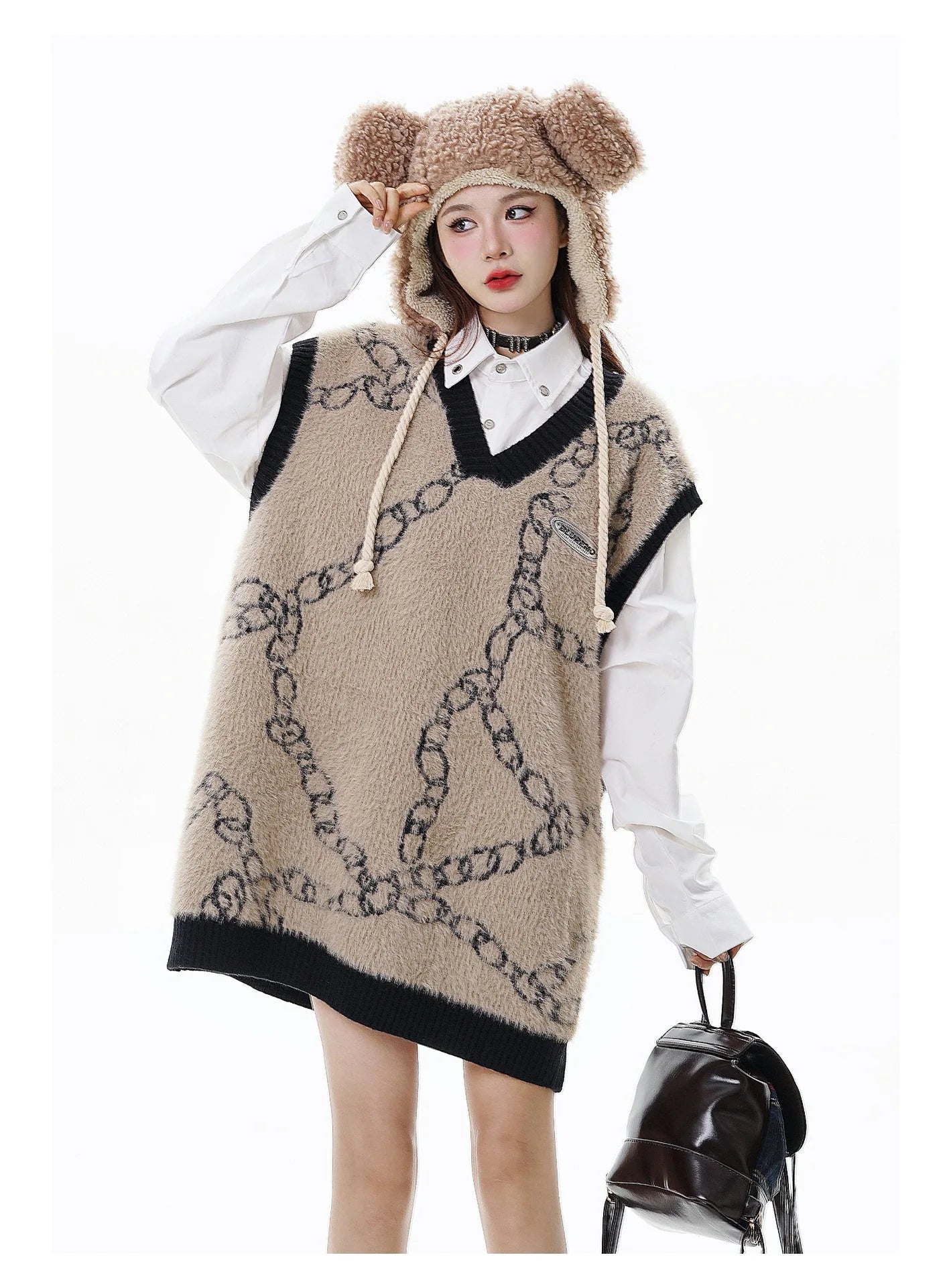High Street Harajuku Imitation Mink Hair Knitted Vest Chain Color Block V-neck Pullover Sweater Vest Oversized Knitwear Trendy Street King Limited