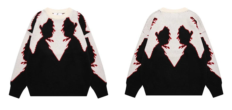 Hip Hop Knitted Sweater Men Autumn Winter O-neck Anime Pattern Pullover Streetwear Casual Loose Sweaters Unisex Jumpers Knitwear Street King Limited